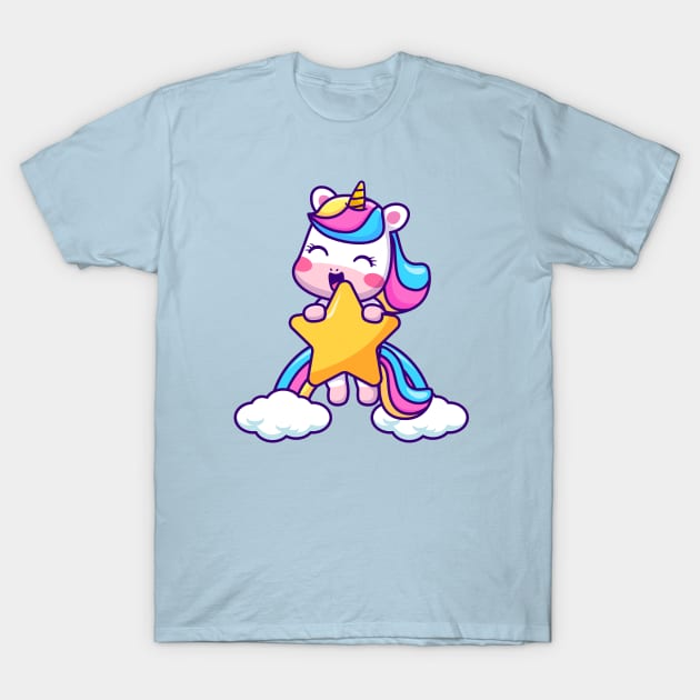 Cute Unicorn Flying With Star And Rainbow Cloud Cartoon T-Shirt by Catalyst Labs